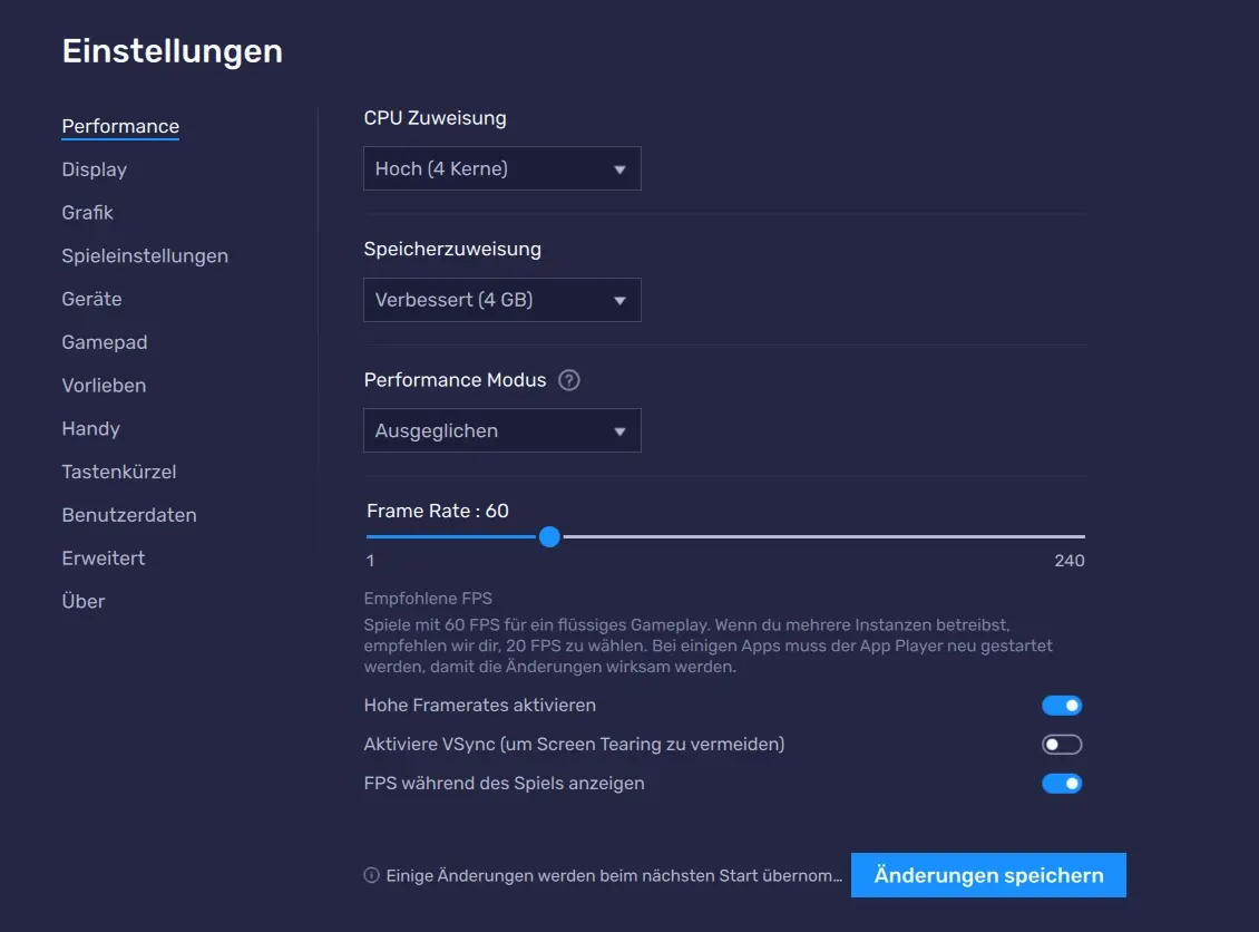 Einstellungen BlueStack.